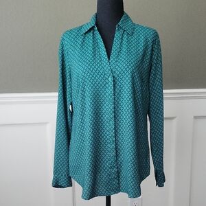 Ann Taylor Teal Geometric Button Down Shirt